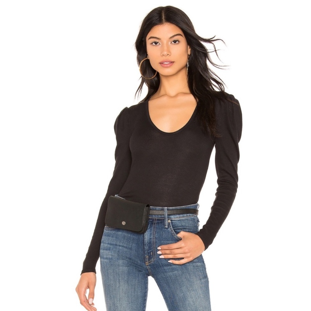 Free People Intimately Black Ribbed Puff Sleeve Top